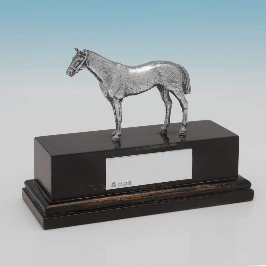 Sterling Silver & Wood Horse Trophy - Wakely & Wheeler, hallmarked in 1985 London - Elizabeth II