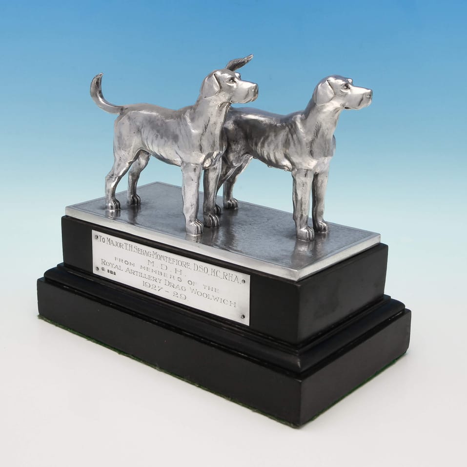 Sterling Silver Model of a Pair of Dogs with Military Interest - Blackmore & Fletcher Ltd., hallmarked in 1929 London - George V