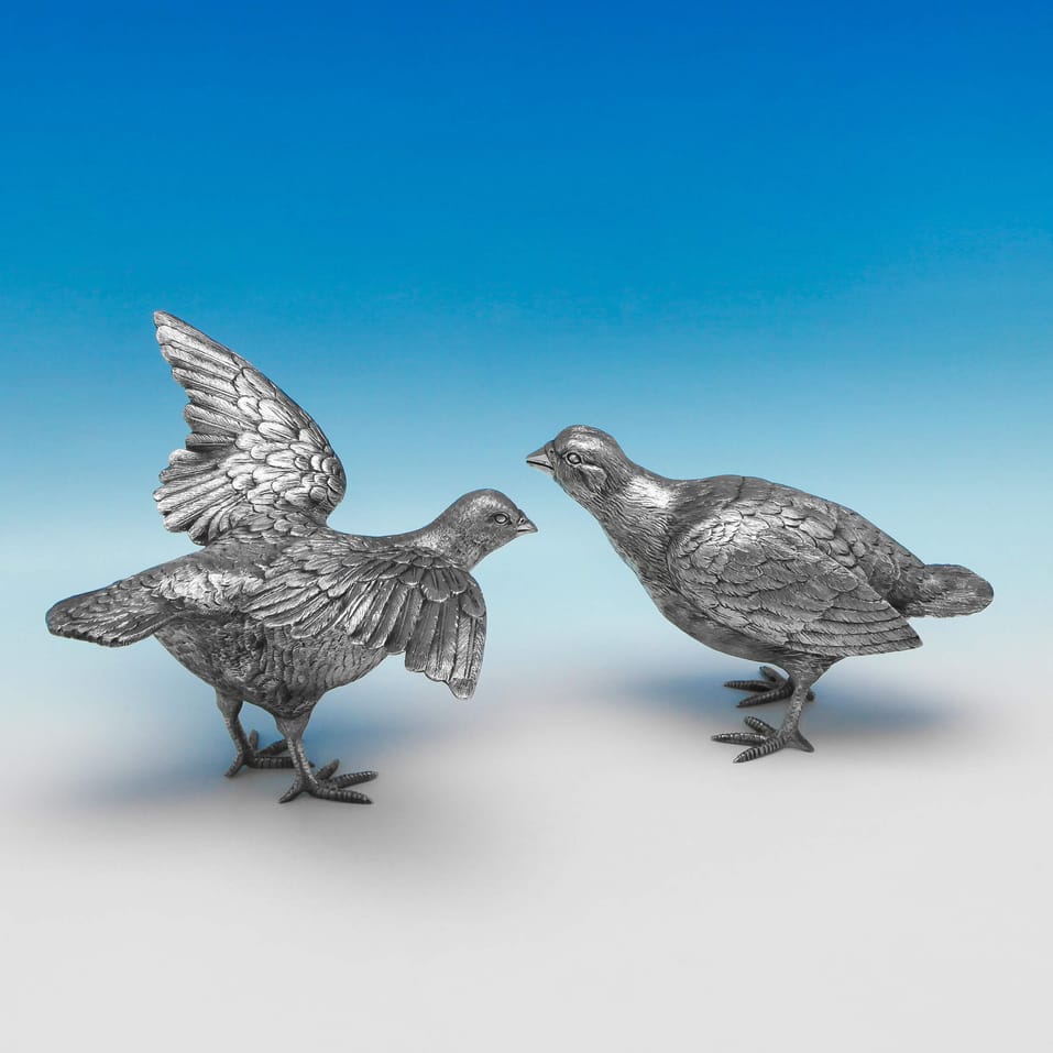 Sterling Silver Pair of Red-Legged Partridges - Richard Comyns, hallmarked in 1970 London - Elizabeth II