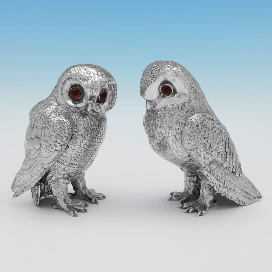 Sterling Silver Pair of Owls - Israel Segalov, hallmarked in 1937 London - George VI