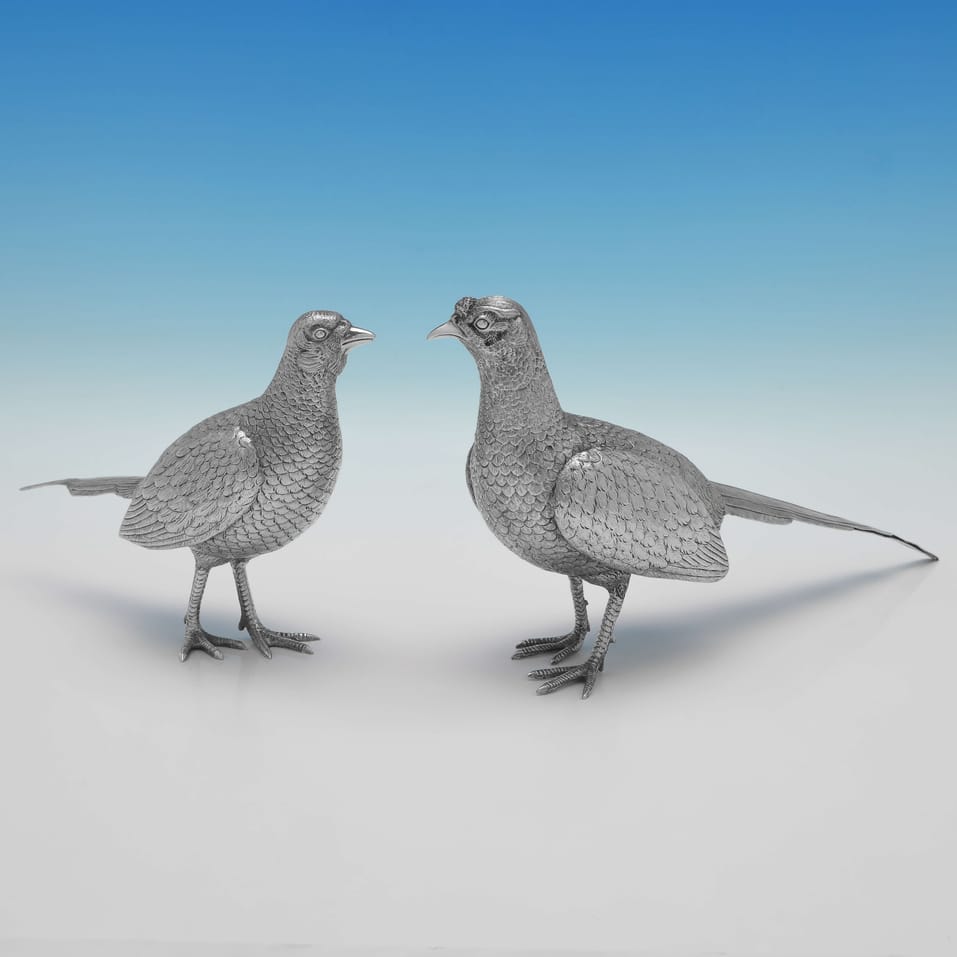 Sterling Silver Pair of Pheasants - Richard Comyns, hallmarked in 1967 London - Elizabeth II