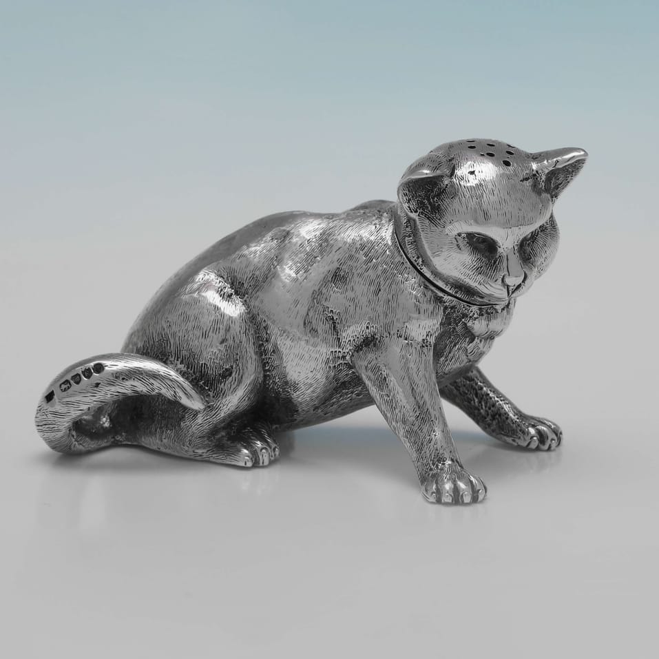 Antique Sterling Silver Cat Pepper Pot - Jane Brownett, hallmarked in 1880 London - Victorian