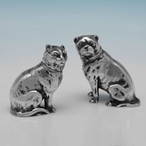 Antique Sterling Silver Dog & Cat Pepper Pots - Stuart Clifford, hallmarked in 1899 London - Victorian - Thumbnail 1