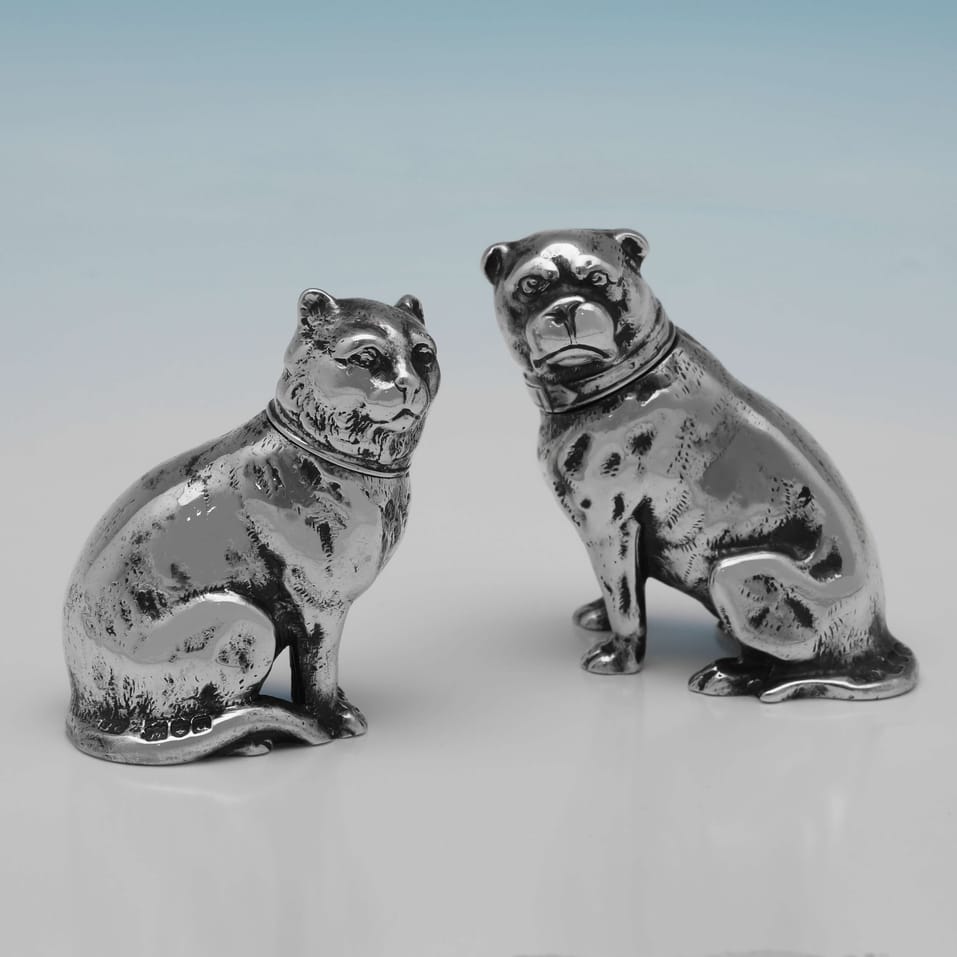 Antique Sterling Silver Dog & Cat Pepper Pots - Stuart Clifford, hallmarked in 1899 London - Victorian