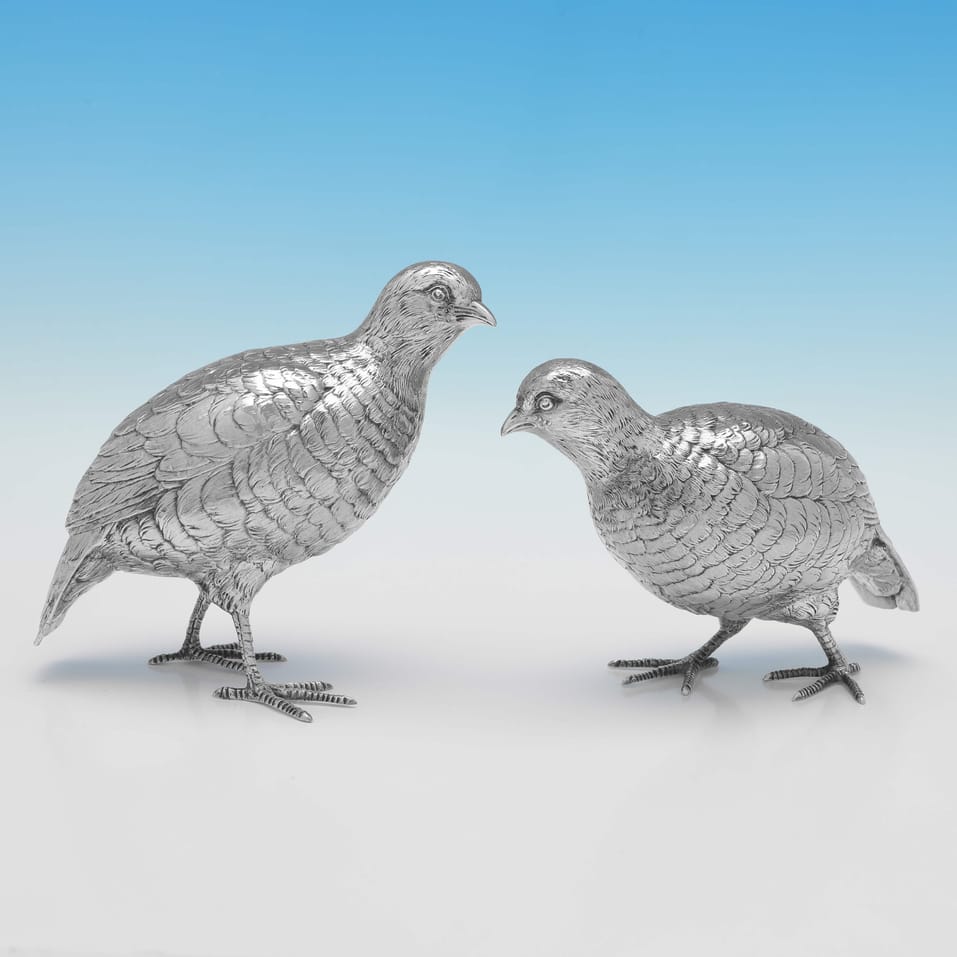 Sterling Silver Pair of Partridge Models - Edward Barnard & Sons, hallmarked in 1960 London - Elizabeth II