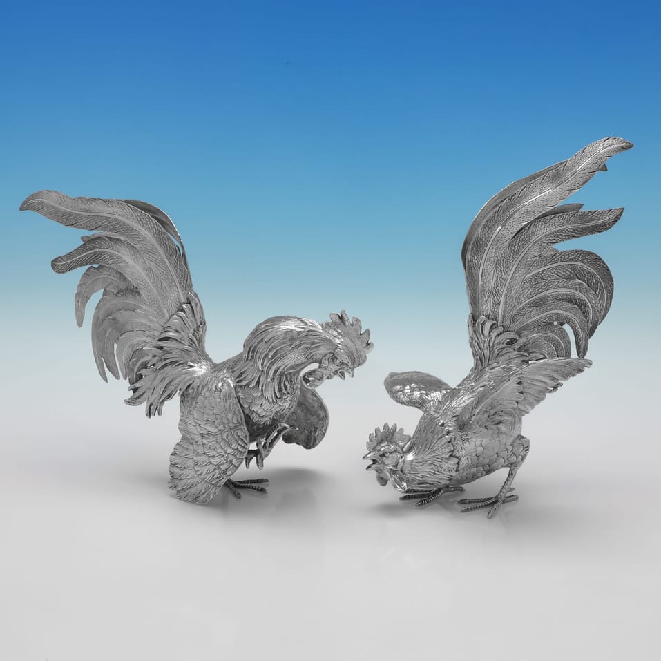 Sterling Silver Pair of Fighting Cockerels - Barnard Brothers, hallmarked in 1968 London - Elizabeth II - Image 1