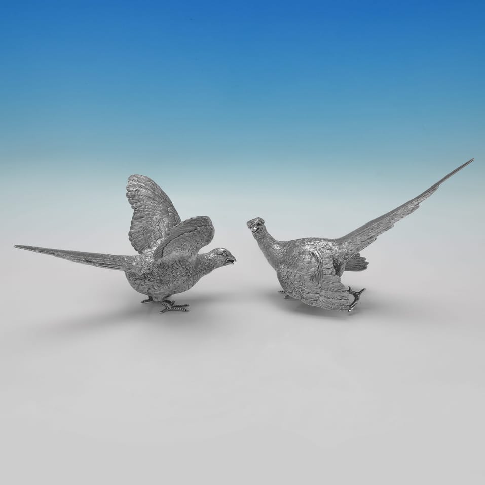 Sterling Silver Pair of Pheasants - C. J. Vander, hallmarked in 1993 Sheffield - Elizabeth II