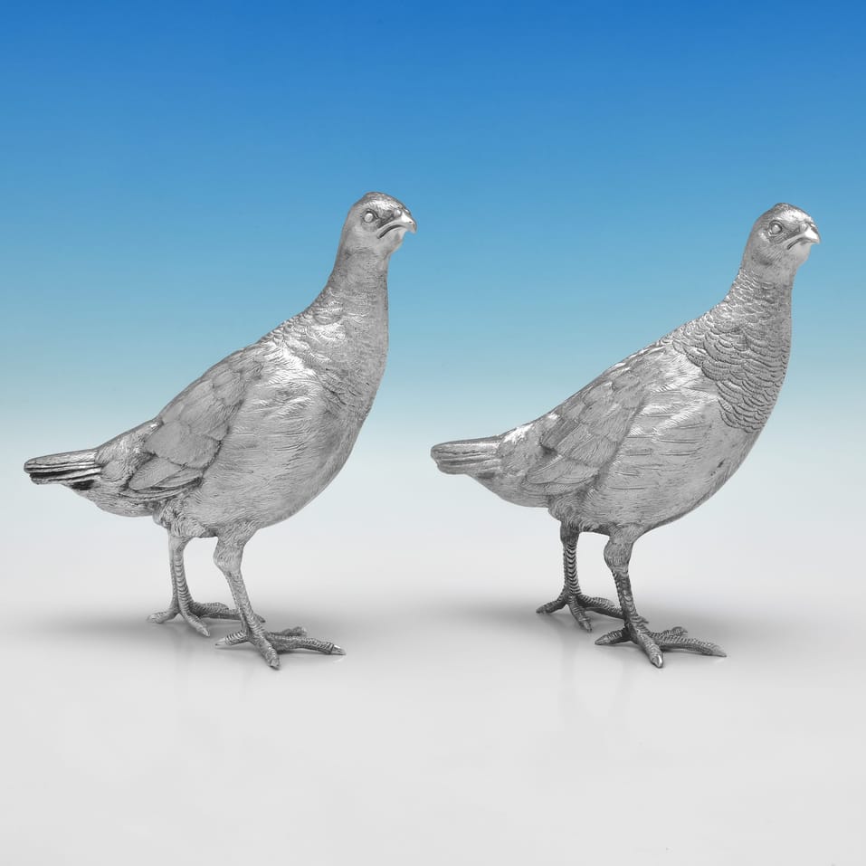 Sterling Silver Pair of Partridges - C. J. Vander, hallmarked in 1999 Sheffield - Elizabeth II