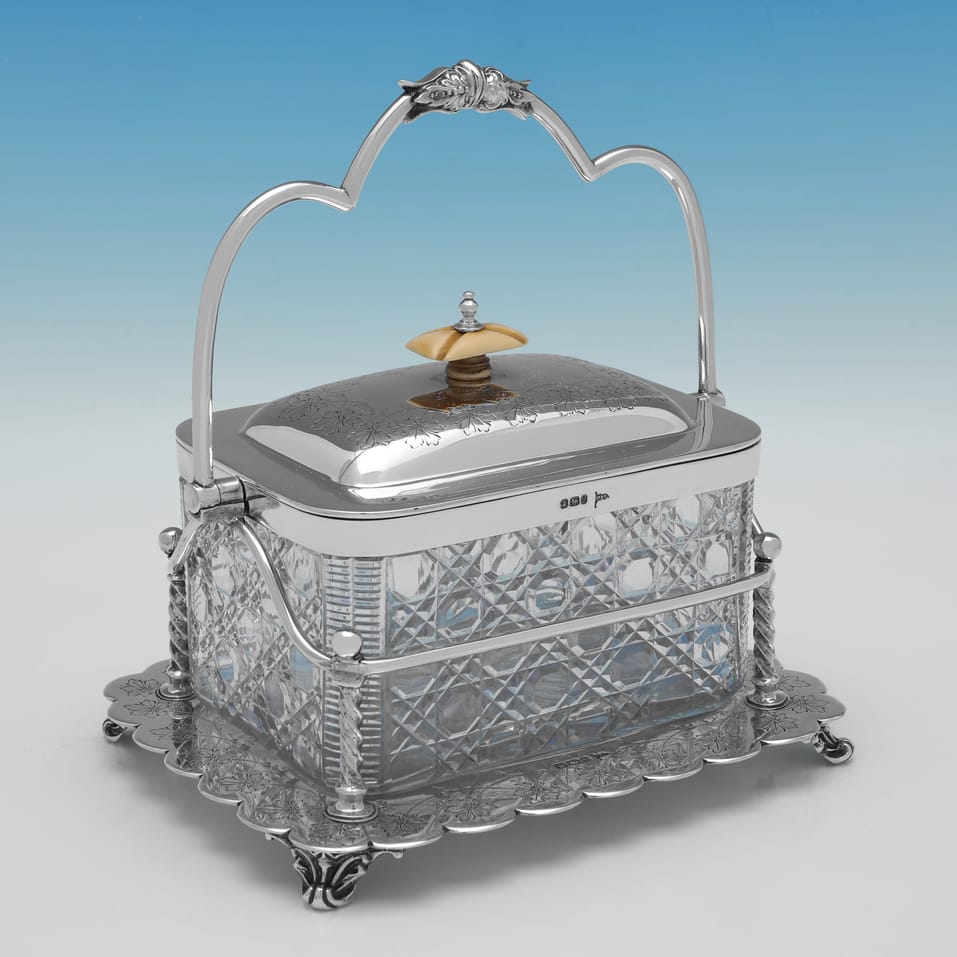 Antique Sterling Silver & Glass Biscuit Box - Walker & Hall, hallmarked in 1895 Sheffield - Victorian