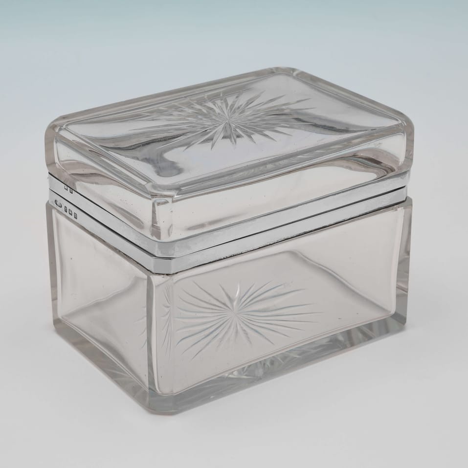 Antique Sterling Silver & Glass Box - John Grinsell & Sons, hallmarked in 1911 Birmingham - George V