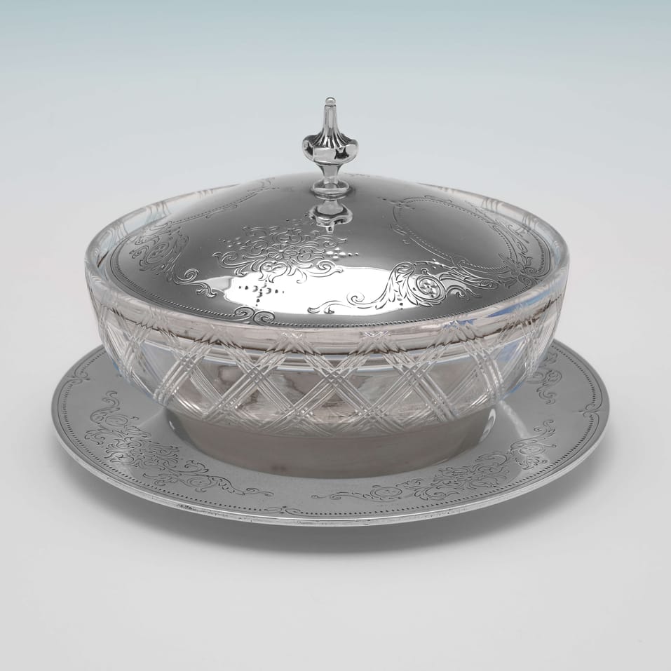 Antique Sterling Silver & Glass Butter dish - George Adams, hallmarked in 1866 London - Victorian - Image 1