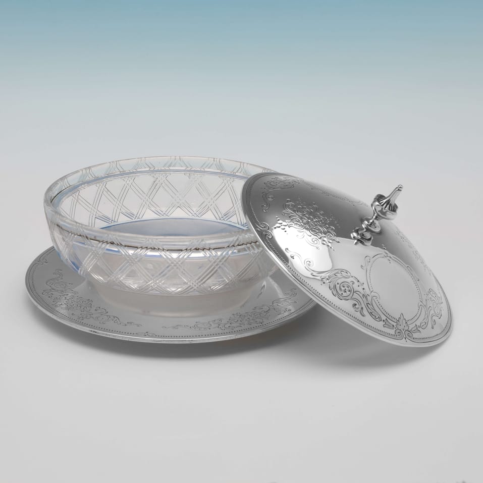 Antique Sterling Silver & Glass Butter dish - George Adams, hallmarked in 1866 London - Victorian - Image 2