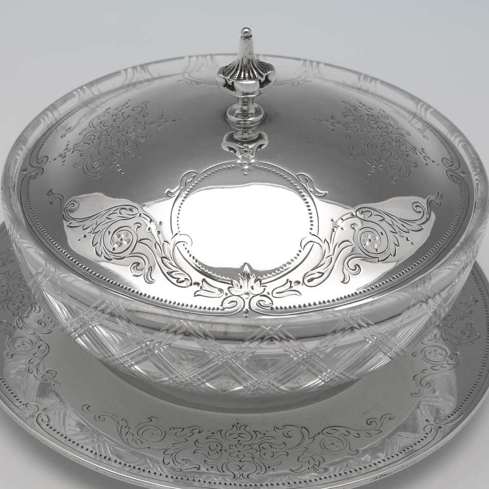 Antique Sterling Silver & Glass Butter dish - George Adams, hallmarked in 1866 London - Victorian - Image 4