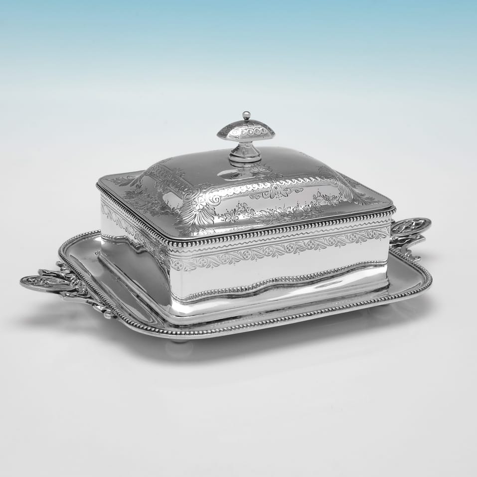 Antique Sterling Silver & Glass Butter Dish - Edward Barnard & Sons, hallmarked in 1875 London - Victorian