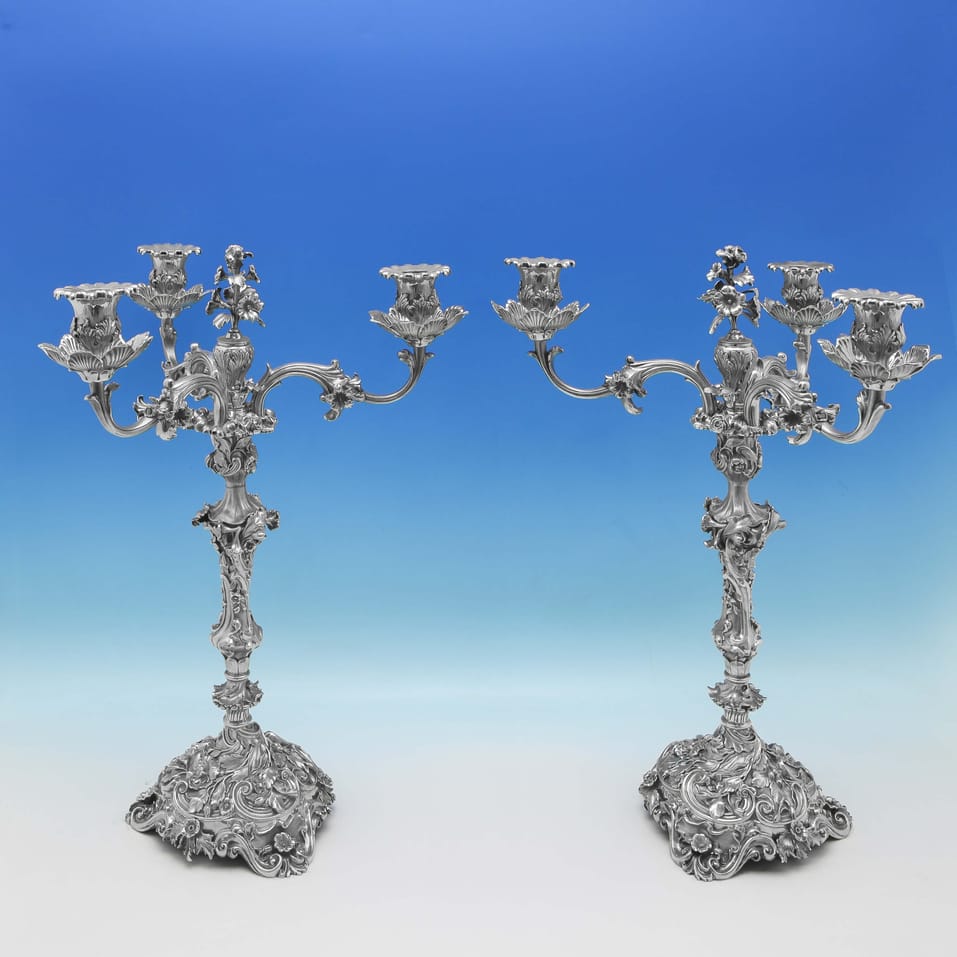 Antique Sterling Silver Pair of Rococo Revival Candelabra - Robert Hennell IV, hallmarked in 1870 London - Victorian