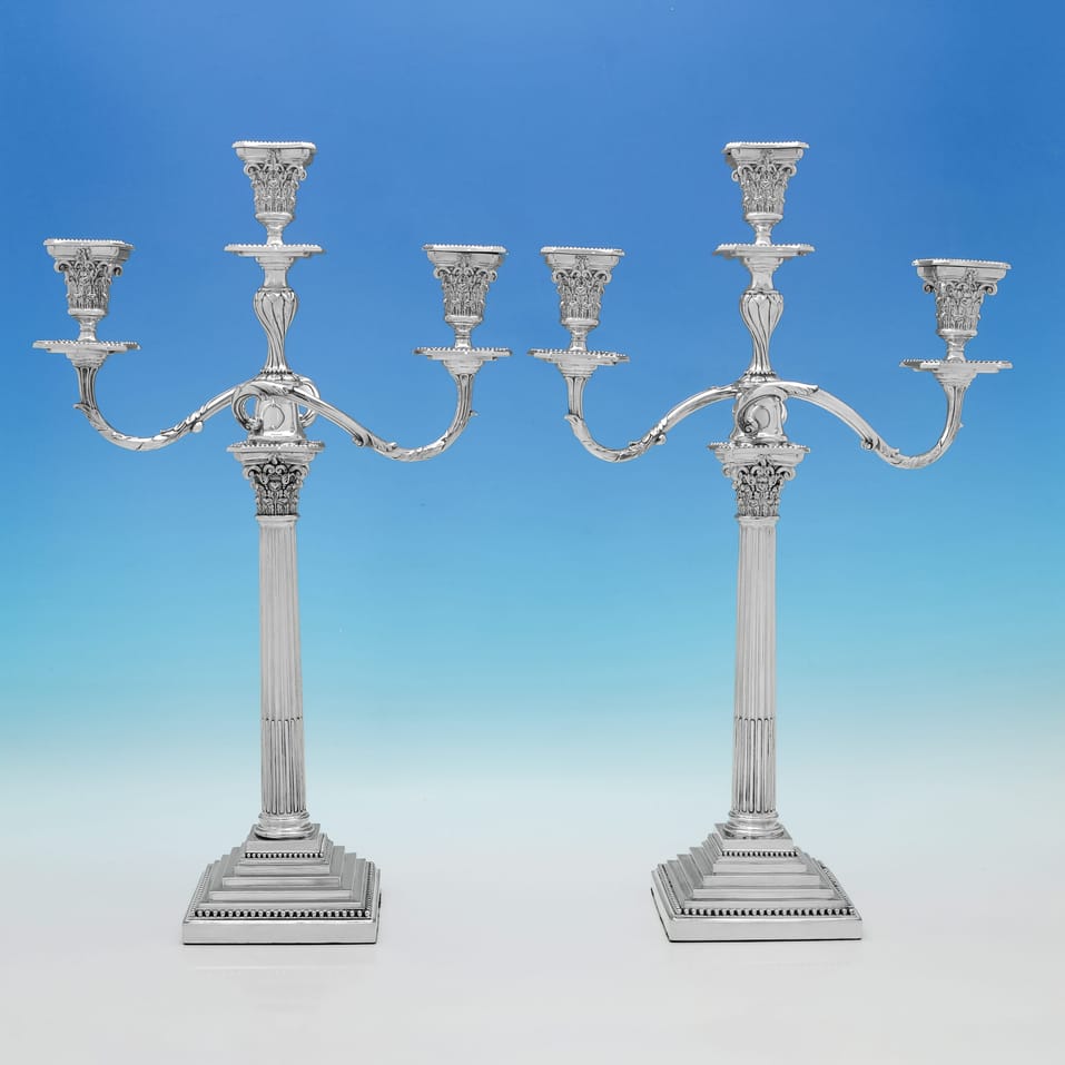 Antique Sterling Silver Pair of 'Corinthian' 3 light Candelabra - James Dixon & Sons, hallmarked in 1894 Sheffield - Victorian