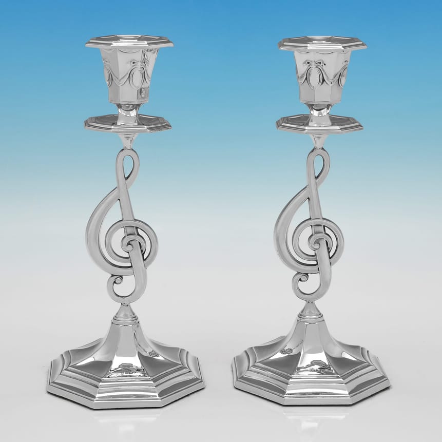 Antique Sterling Silver Pair of Music Related Candlesticks - John Round & Son Ltd., hallmarked in 1898 London - Victorian