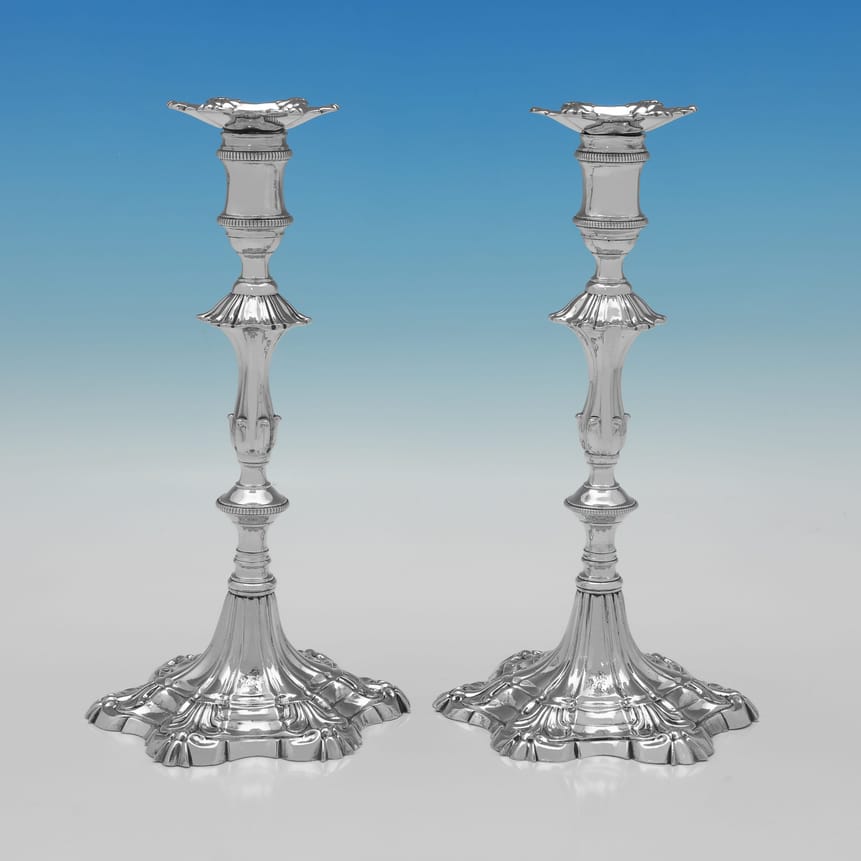 Antique Sterling Silver Pair of Cast Candlesticks - Hannam & Carter, hallmarked in 1766 London - George III