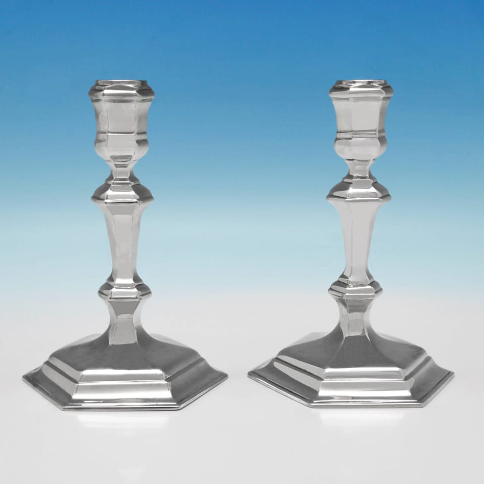 Antique Sterling Silver Pair of Hexagonal Candlesticks - Aldwinckle & Slater, hallmarked in 1883 London - Victorian