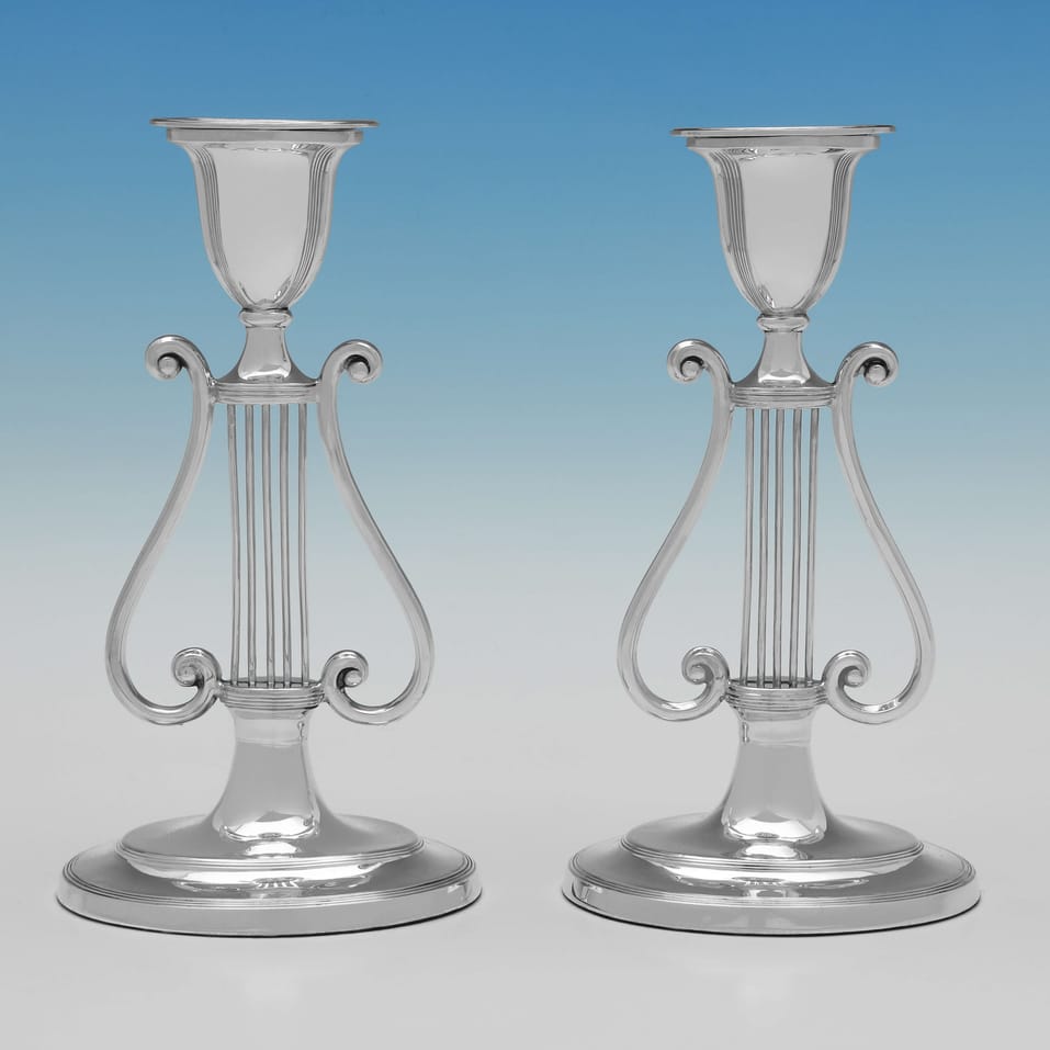 Antique Sterling Silver Pair of 'Lyre' Candlesticks - C. C. Pilling, hallmarked in 1911 London - George V