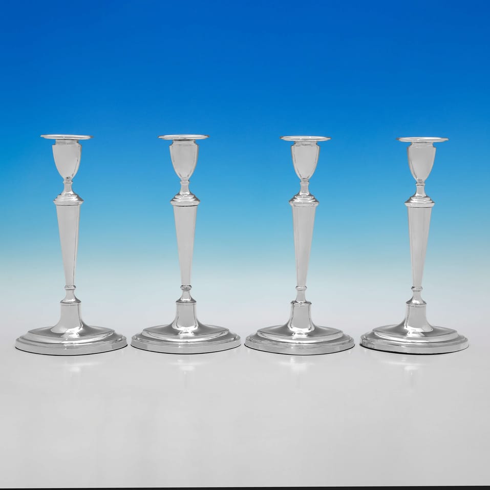 Antique Sterling Silver Set of 4 Candlesticks - Hawksworth Eyres & Co., hallmarked in 1913 Sheffield - George V