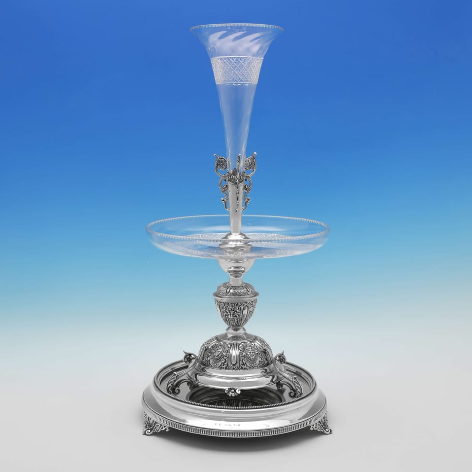 Antique Sterling Silver & Glass Centrepiece - Samuel Smily & Horace Woodward & Co., hallmarked in 1876 London - Victorian