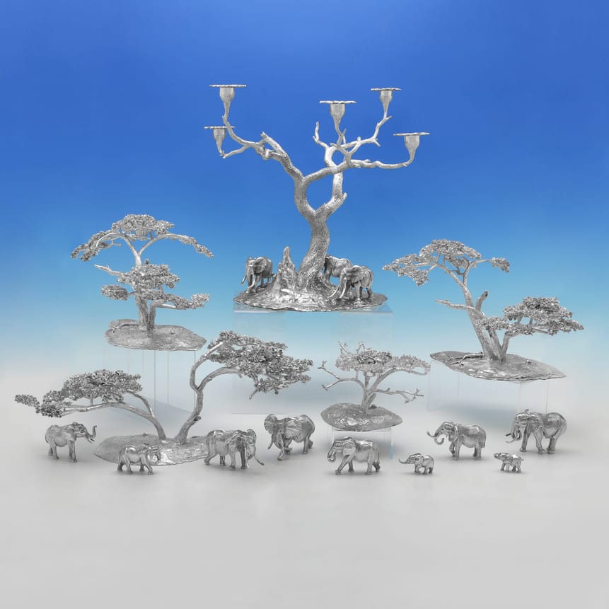 Sterling Silver Suite of Elephants and Tree Candle Holders - Patrick Mavros, made circa 2000 London - Elizabeth II
