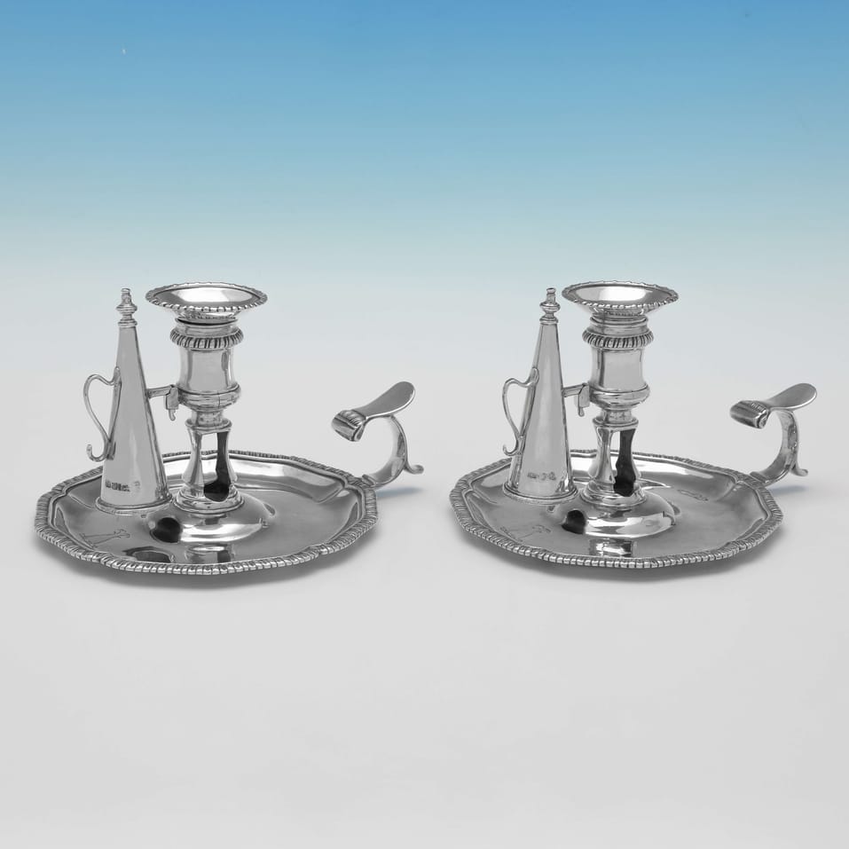 Antique Sterling Silver Pair of Chambersticks - Ebenezer Coker, hallmarked in 1768 London - George III