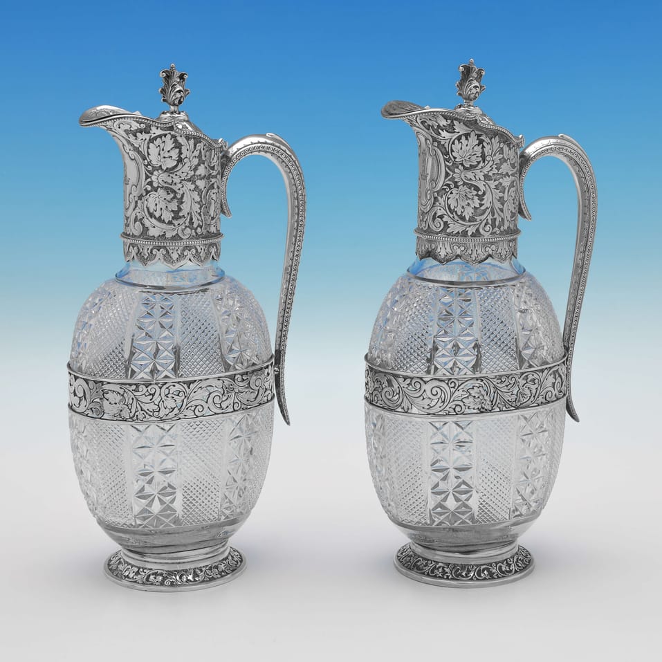 Antique Sterling Silver & Glass Pair of Claret Jugs - Edgar Finley & Hugh Taylor, hallmarked in 1889 London - Victorian