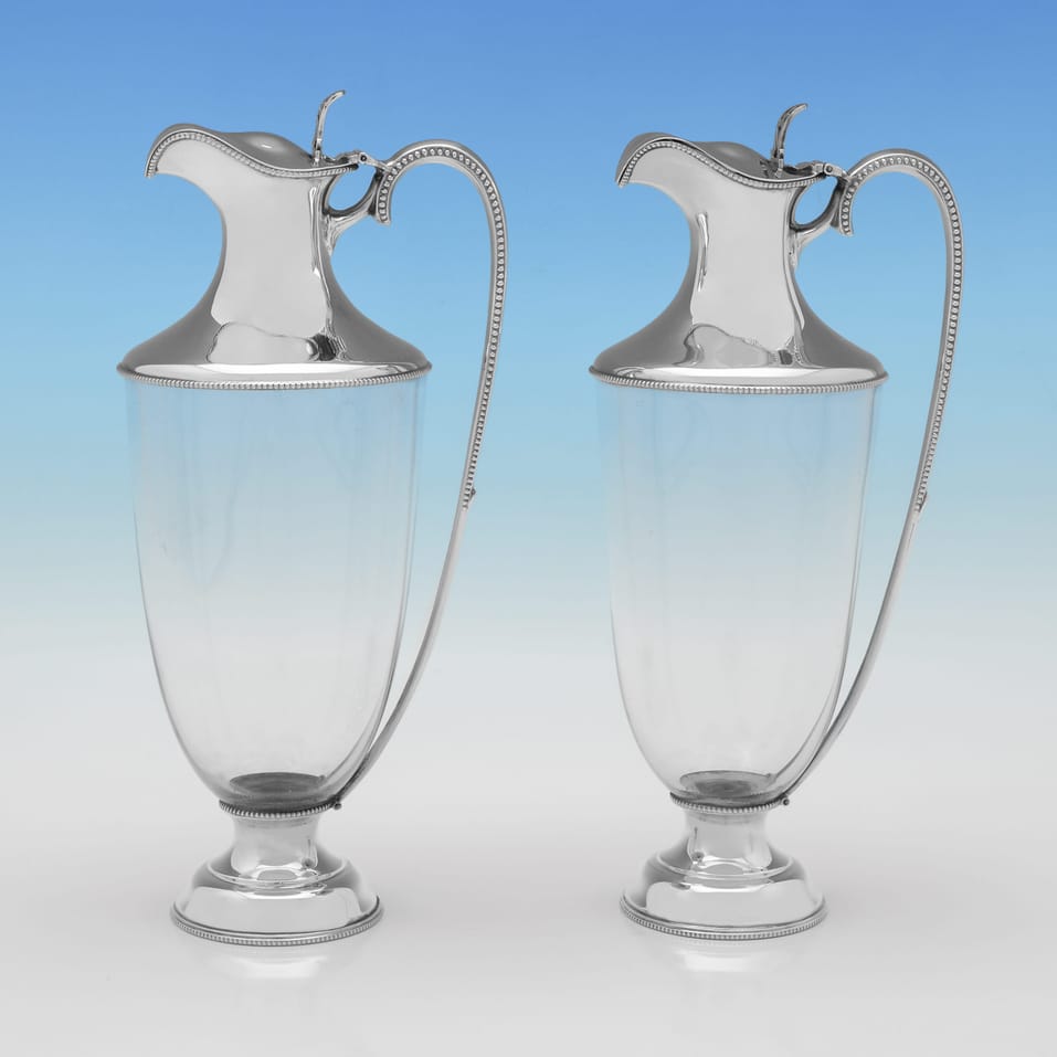 Antique Sterling Silver & Glass Pair of Claret Jugs - W. & C. Sissons, hallmarked in 1918 Sheffield - George V