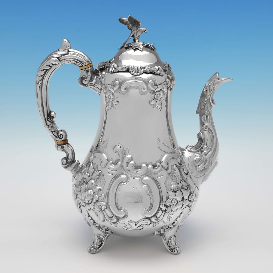 Antique Sterling Silver Coffee Pot - William Hunter, hallmarked in 1850 London - Victorian