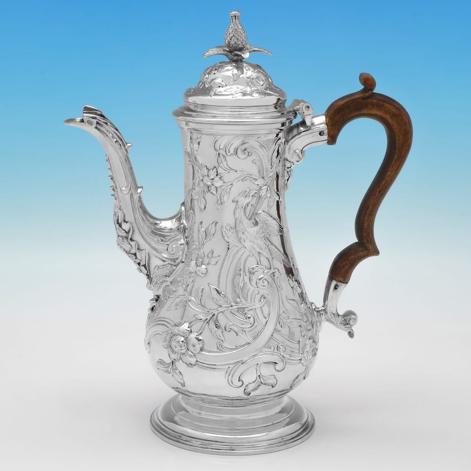 Antique Sterling Silver Coffee Pots - Thomas Whipham & Charles Wright, hallmarked in 1764 London - George III