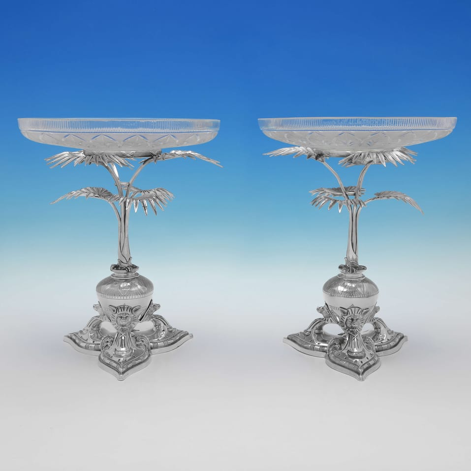 Antique Sterling Silver & Glass Pair of Compotes - Alexander Macrae, hallmarked in 1871 London - Victorian