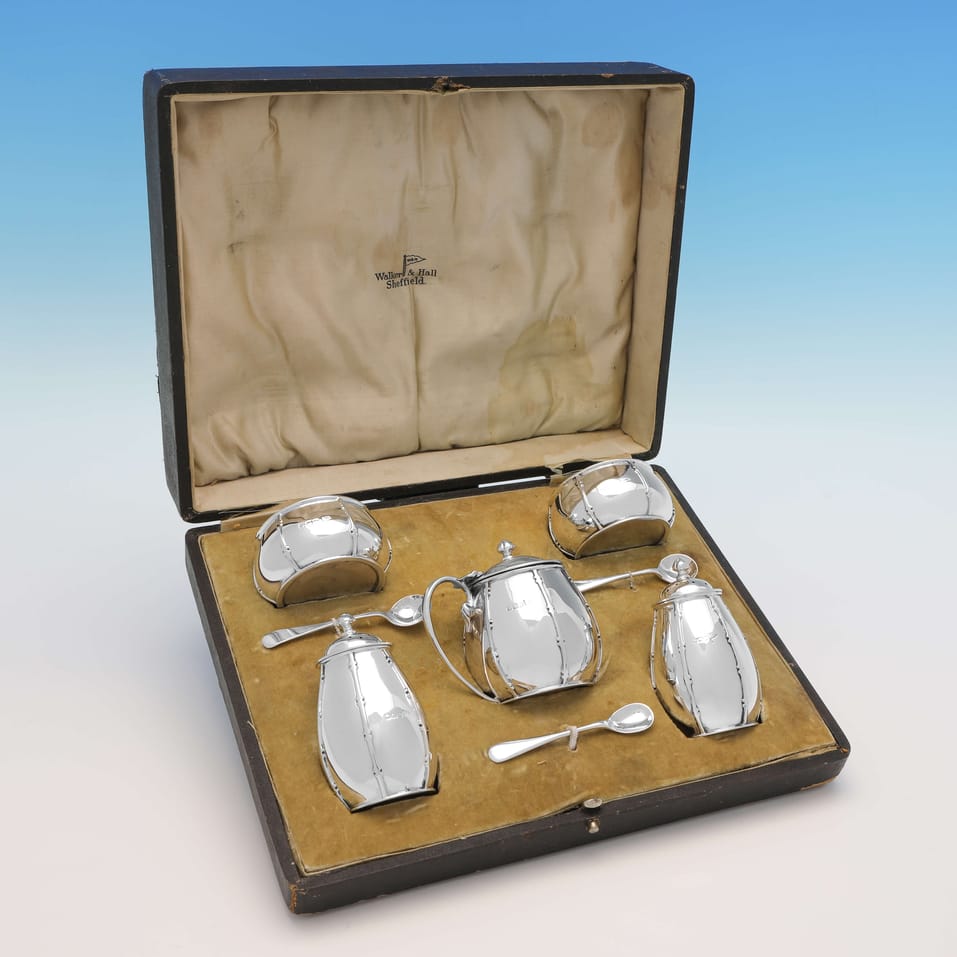 Antique Sterling Silver Condiment Set - Walker & Hall, hallmarked in 1913 Sheffield - George V