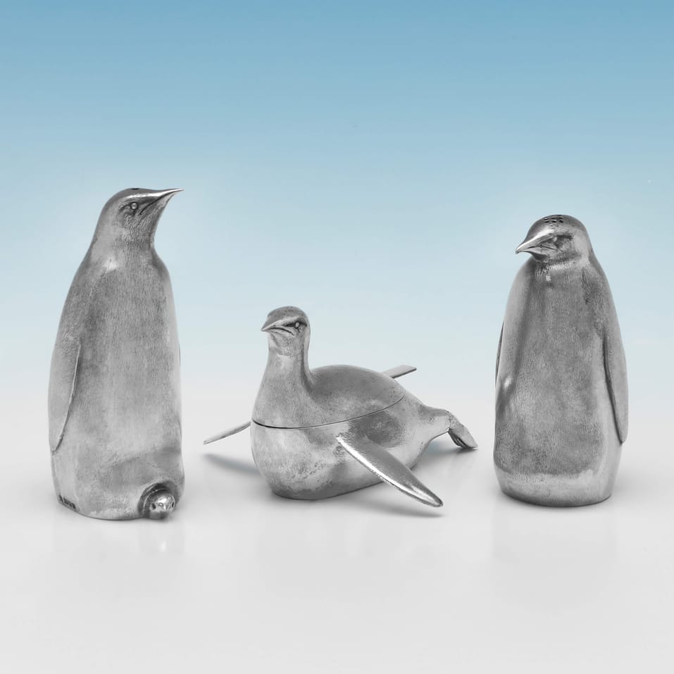 Sterling Silver 'Emperor Penguin' Condiment Set - Meiling & Gartrell, hallmarked in 1996 London - Elizabeth II