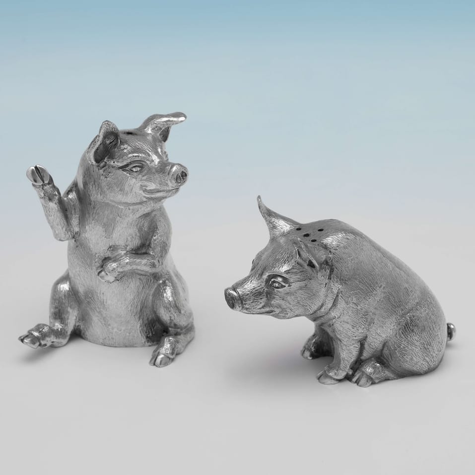 Sterling Silver Pig Salt & Pepper - hallmarked in 1999 London - Elizabeth II