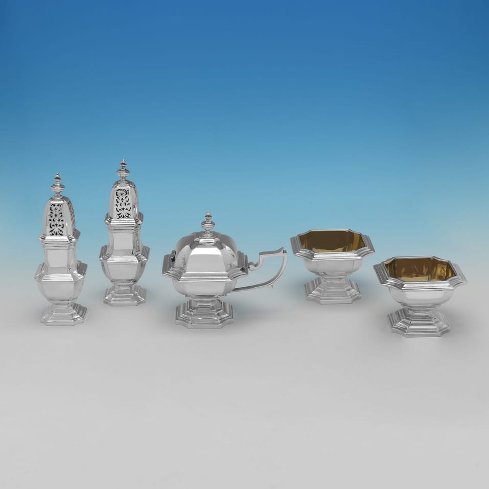 Sterling Silver 5 Piece Condiment Set - Richard Comyns, hallmarked in 1929 London - George V - Image 1