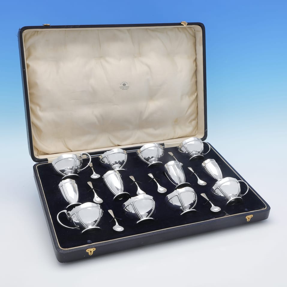 Sterling Silver & Glass 12 Piece Condiment Set - Mappin & Webb, hallmarked in 1924 Birmingham - George V