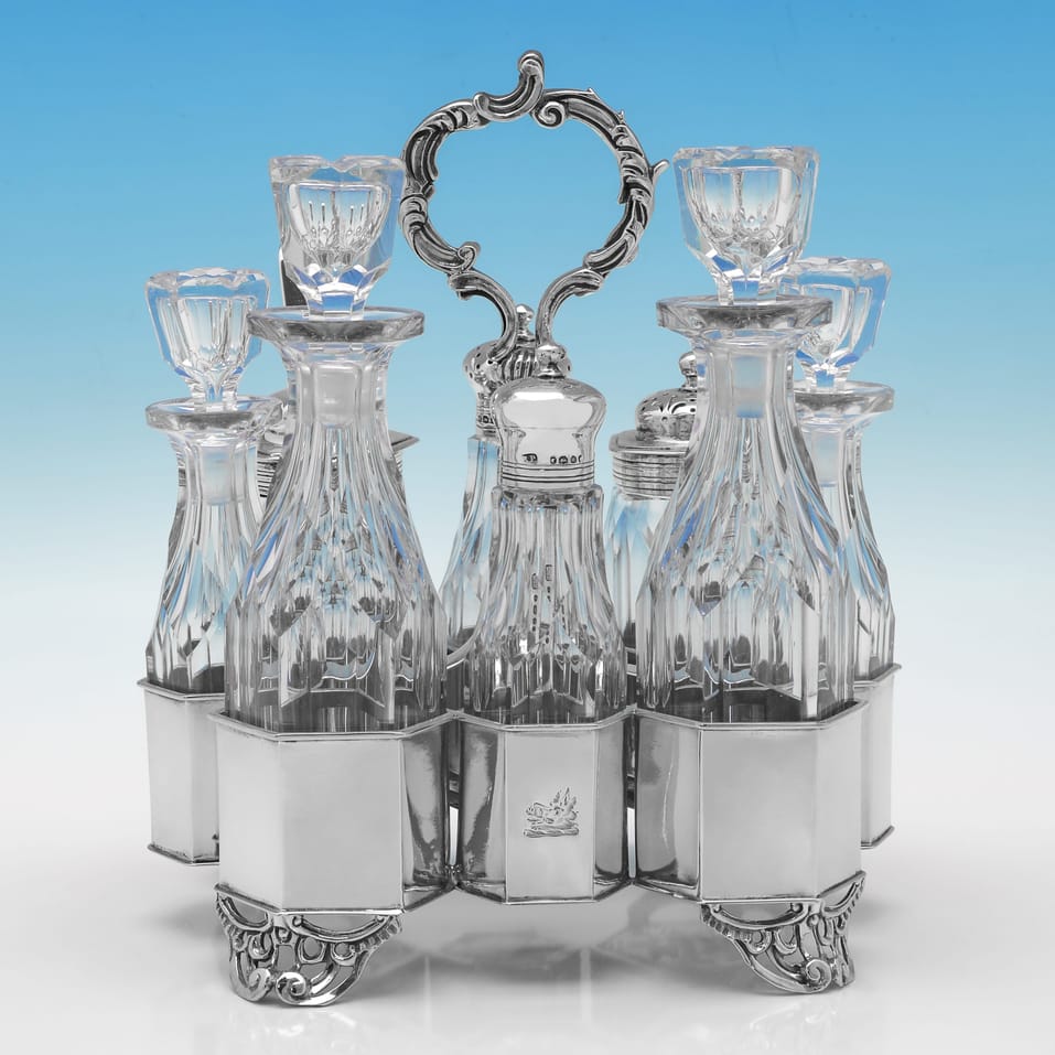 Antique Sterling Silver & Glass Cruet Set - George Burrows II & Richard Pearce, hallmarked in 1840 London - Victorian