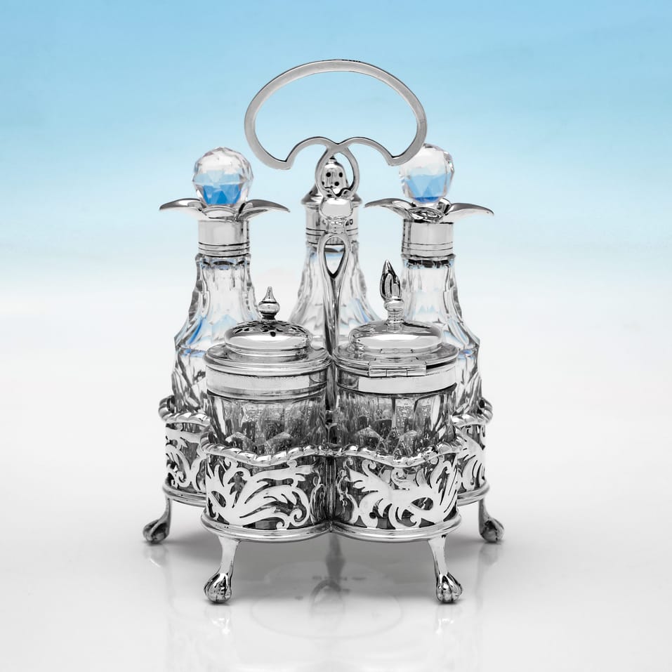 Antique Sterling Silver & Glass Cruet Set - Goldsmiths & Silversmiths Co., hallmarked in 1908 London - Edwardian