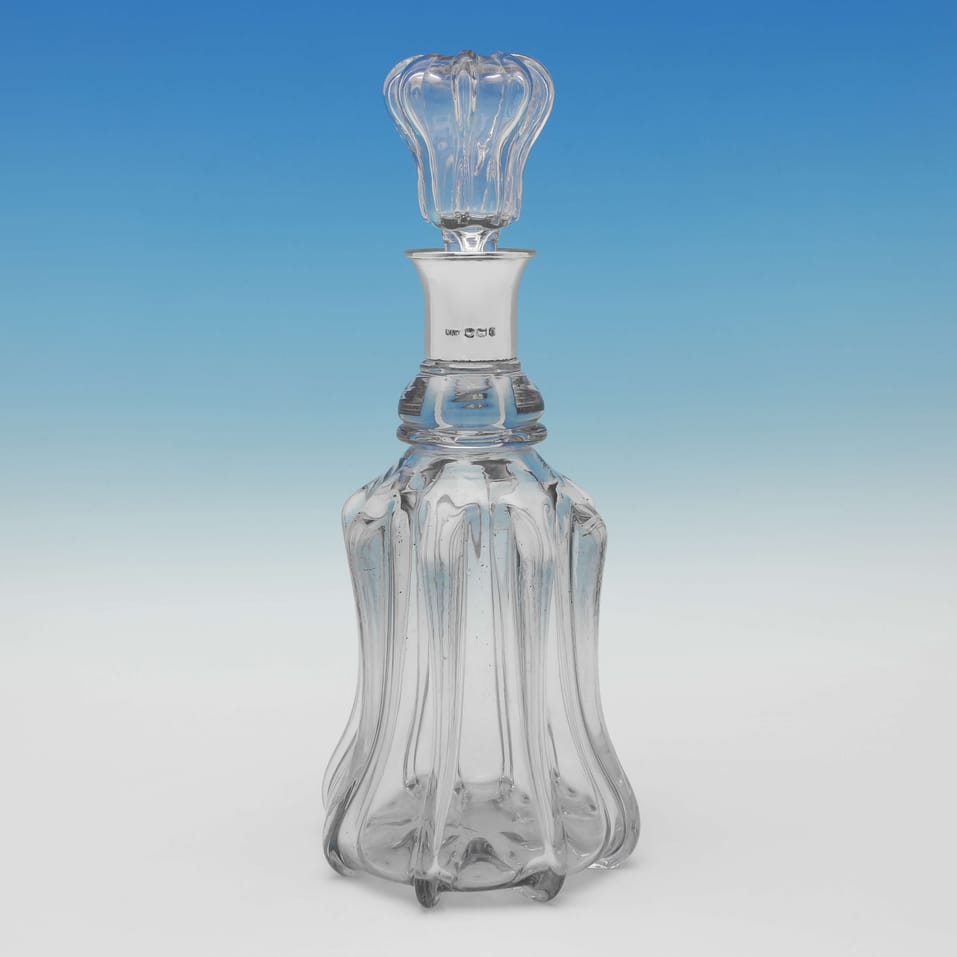 Sterling Silver & Glass Mid Century Modern Decanter - Mappin & Webb, hallmarked in 1956 Sheffield - Elizabeth II