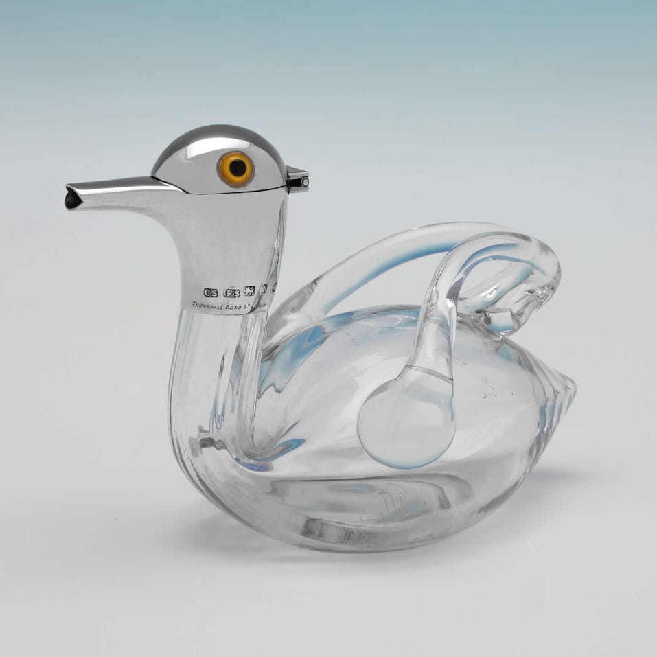 Antique Sterling Silver & Glass 'Duck' Decanter - Saunders & Shepherd, hallmarked in 1893 Birmingham - Victorian