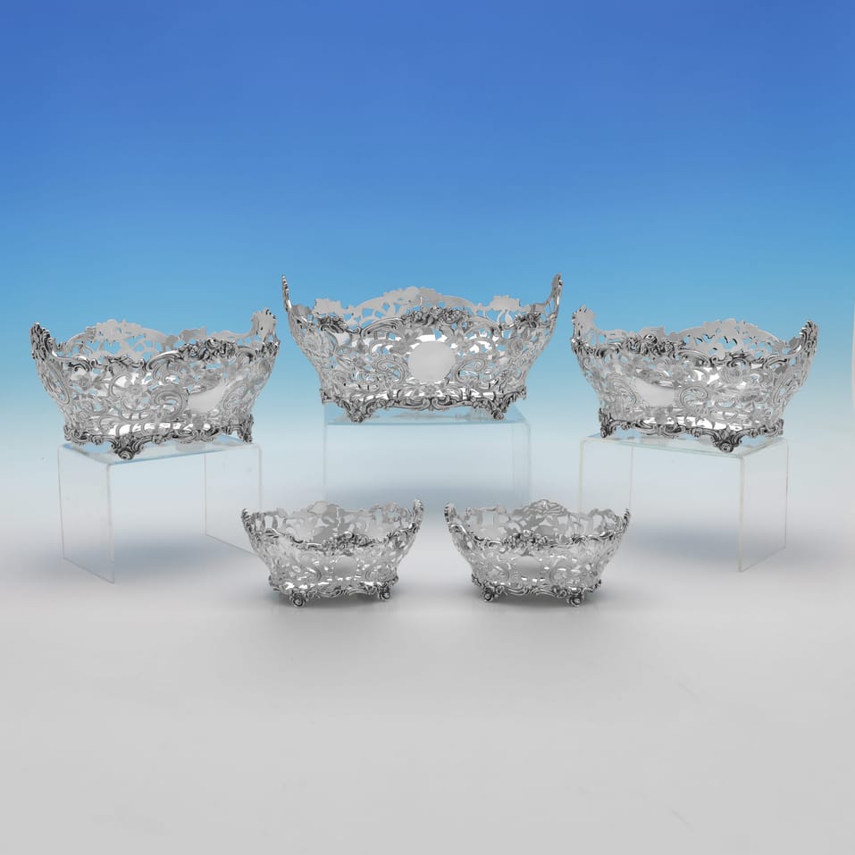 Antique Sterling Silver Suite of 5 Dishes - D. & J. Wellby & Carrington & Co., hallmarked in 1898 London - Victorian