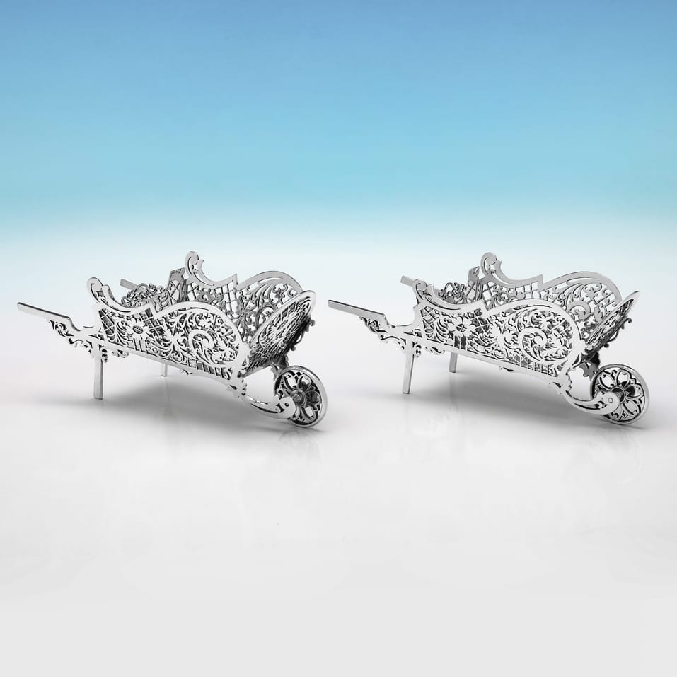 Sterling Silver Pair of Wheelbarrow Dishes - F. Drury Ltd., hallmarked in 1971 Sheffield - Elizabeth II