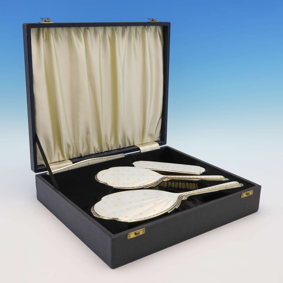 Sterling Silver & Enamel Dressing Table Set - Albert Carter, hallmarked in 1961 Birmingham - Elizabeth II