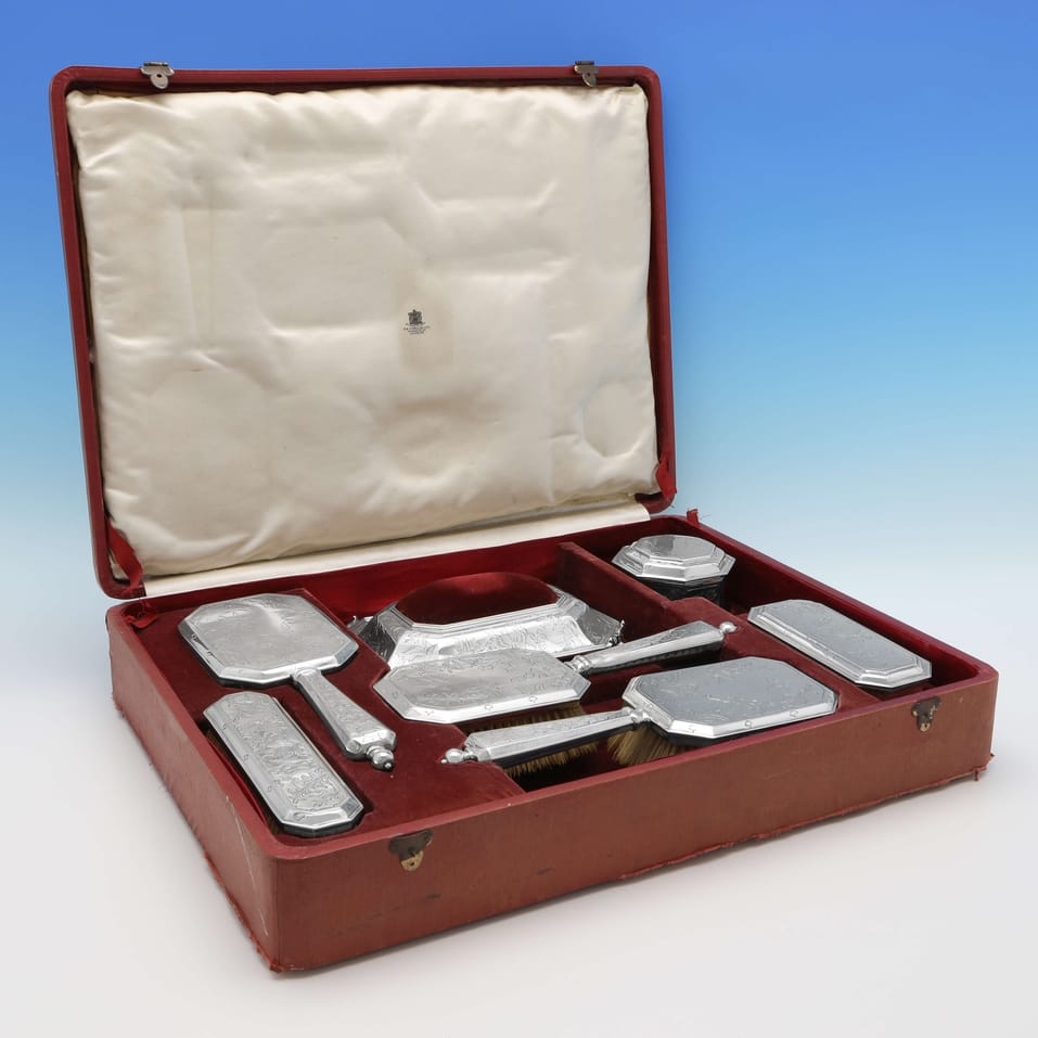 Sterling Silver Chinoiserie Dressing Table Set - D. & J. Wellby, hallmarked in 1926 London - George V