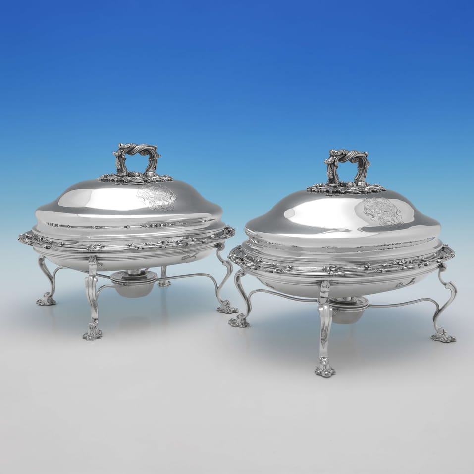 Antique Sterling Silver Pair of Entree Dishes on Stands - Robert Hennell II, hallmarked in 1830 London - William IV