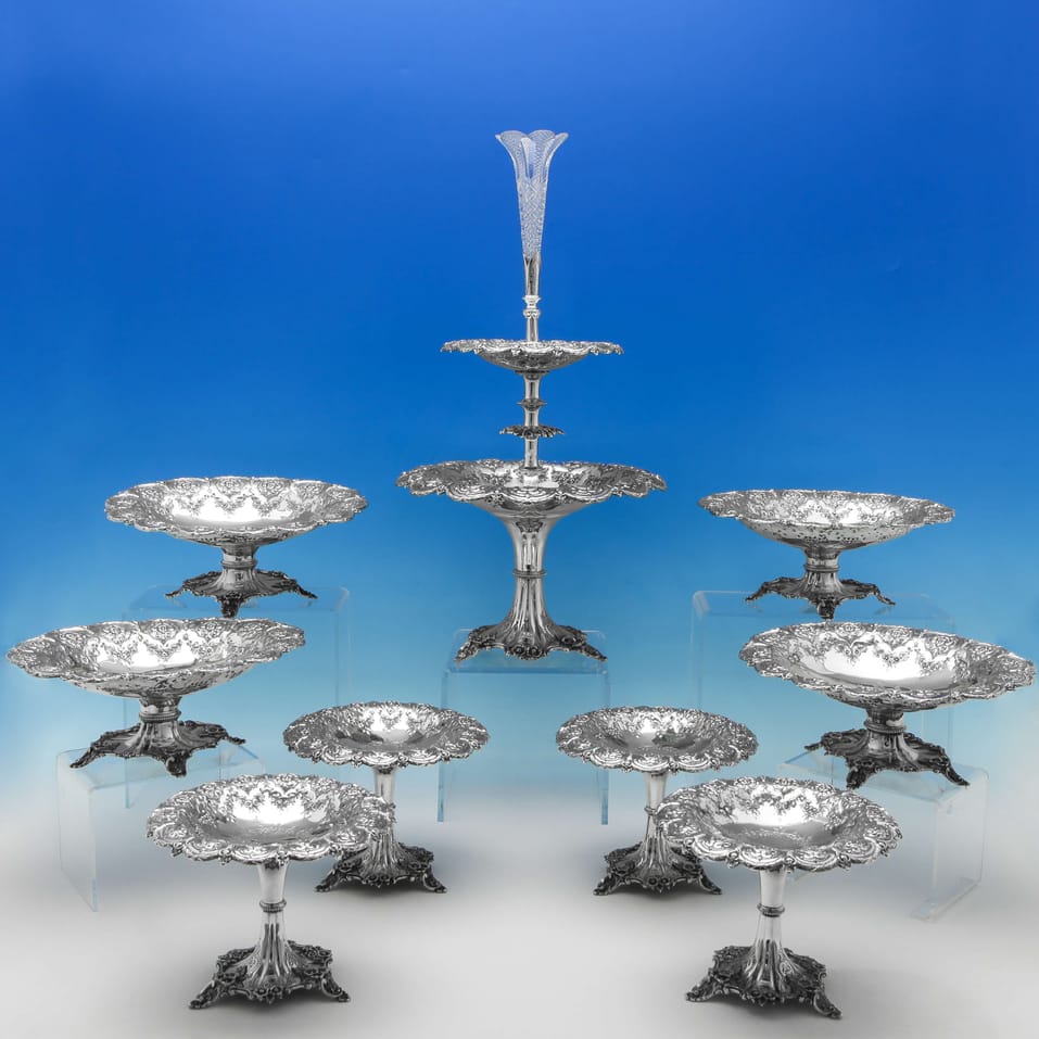 Antique Sterling Silver & Glass Centrepiece and Suite of 8 Dishes - Fenton Brothers Ltd., hallmarked in 1873 Sheffield - Victorian