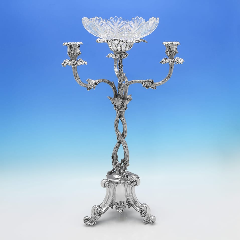 Antique Sterling Silver & Glass Naturalistic Epergne - Elkington & Co., hallmarked in 1856 Birmingham - Victorian