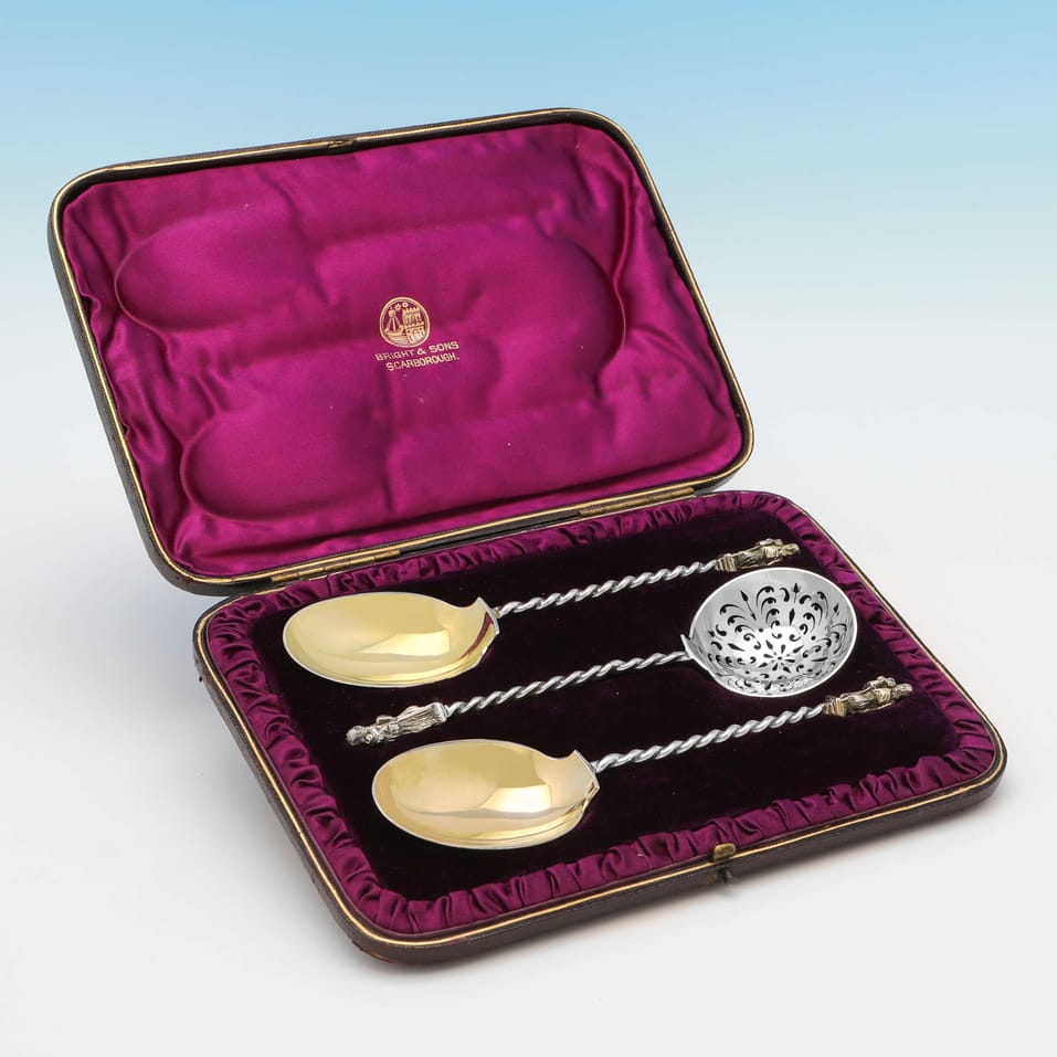 Antique Sterling Silver Fruit Serving Spoons - Aldwinckle & Slater, hallmarked in 1884 London - Victorian